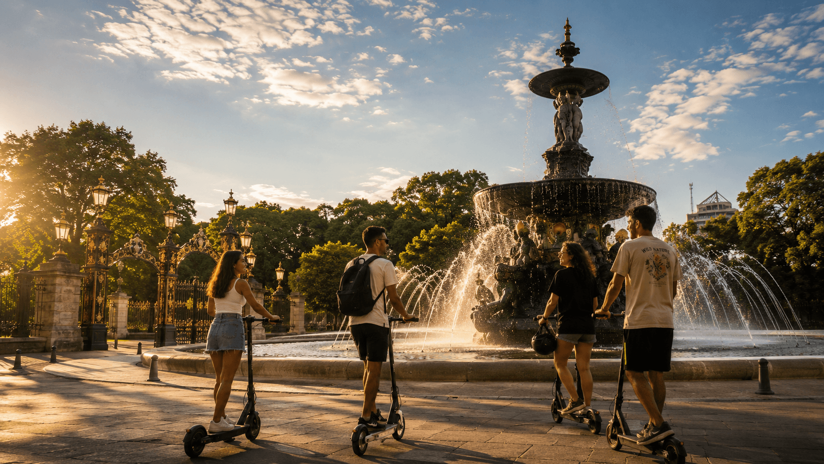 Descubrí Mendoza en scooter, plaza y fuente al atardecer